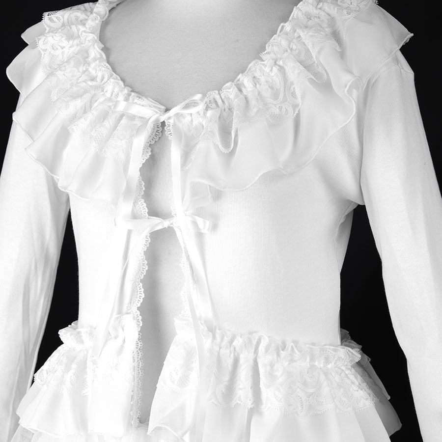 LONG TULLE VEIL RIBBON CARDIGAN (WHITE)