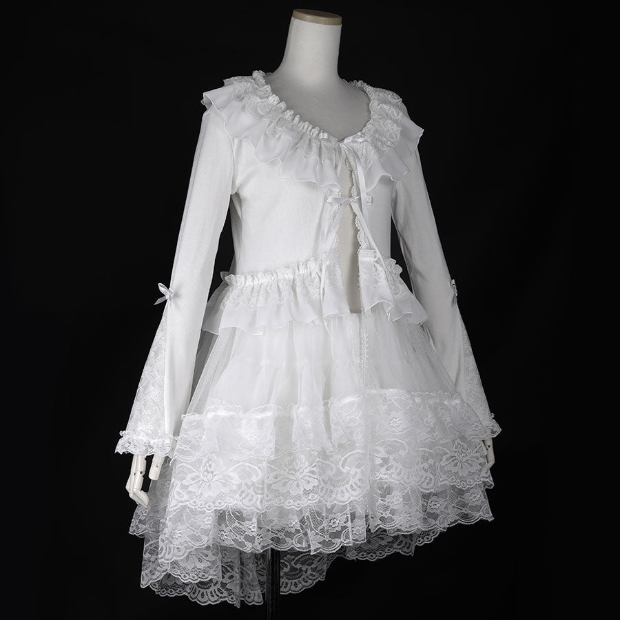 LONG TULLE VEIL RIBBON CARDIGAN (WHITE)