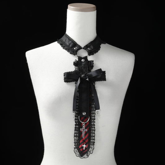 交叉丝带颈链（单条纹）黑色 x 红色
