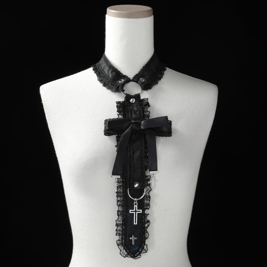 CROSS RIBBON CHOKER NECK-TIE (CROSS) BLACK x BLUE