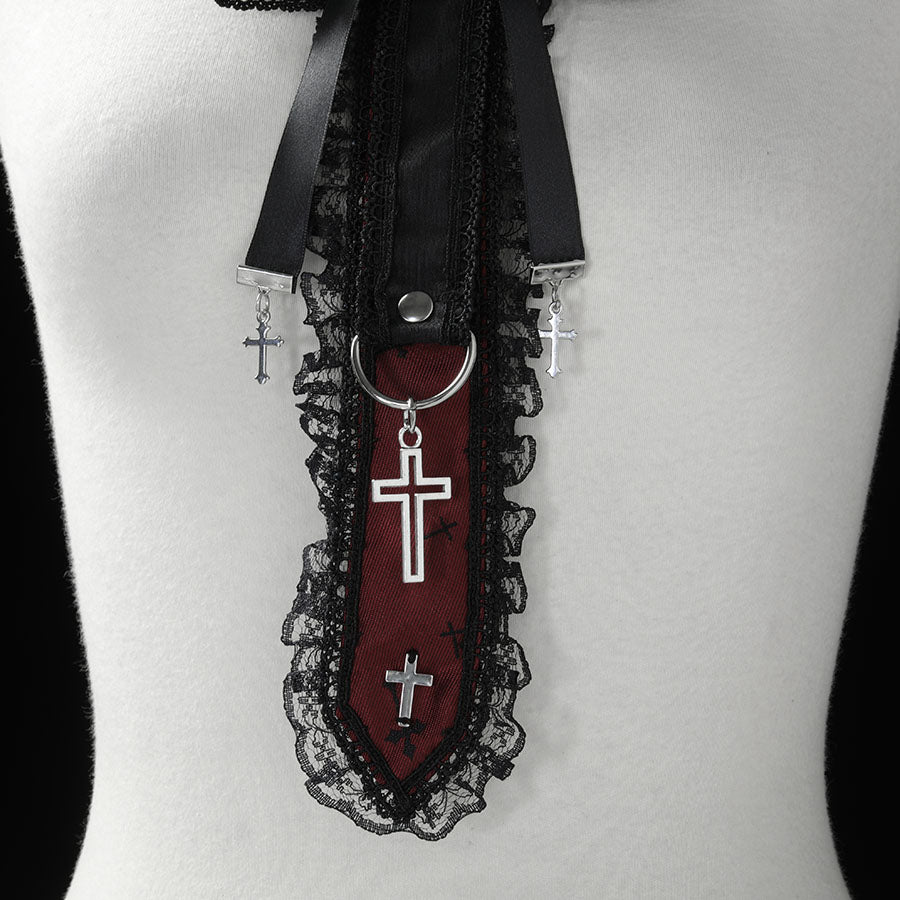 CROSS RIBBON CHOKER NECK-TIE (CROSS) RED