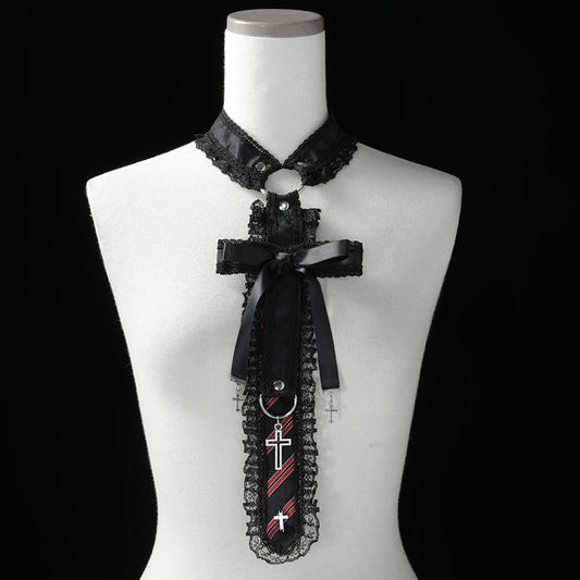 交叉丝带颈链（双条纹）黑色 x 红色