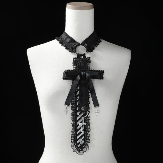 交叉丝带颈链（条纹）黑色 x 银色
