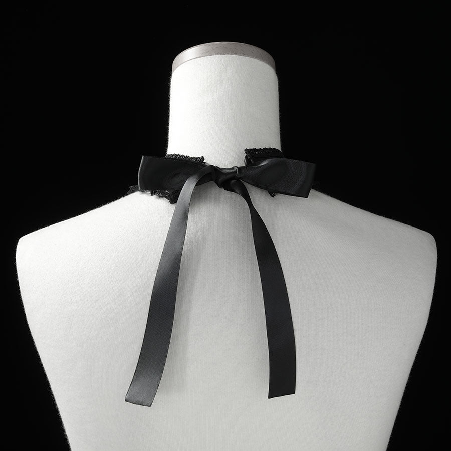 CROSS RIBBON CHOKER NECK-TIE (STRIPE) BLACK x SILVER