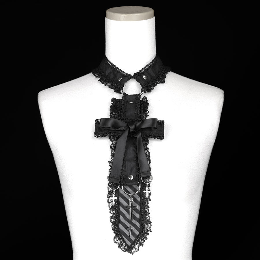 CROSS RIBBON CHOKER NECK-TIE (CROSS) BLACK x GRAY