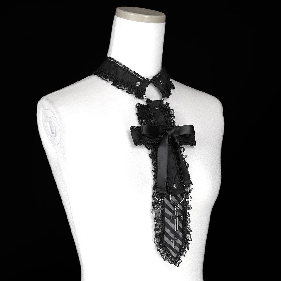 CROSS RIBBON CHOKER NECK-TIE (CROSS) BLACK x GRAY