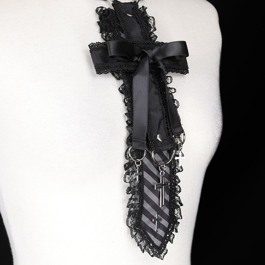 CROSS RIBBON CHOKER NECK-TIE (CROSS) BLACK x GRAY