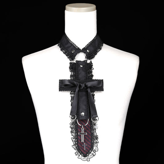 CROSS RIBBON CHOKER NECK-TIE (CROSS) BLACK x RED