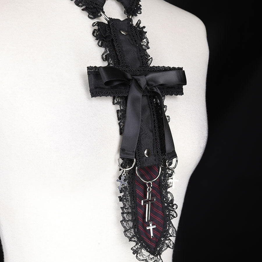 CROSS RIBBON CHOKER NECK-TIE (CROSS) BLACK x RED