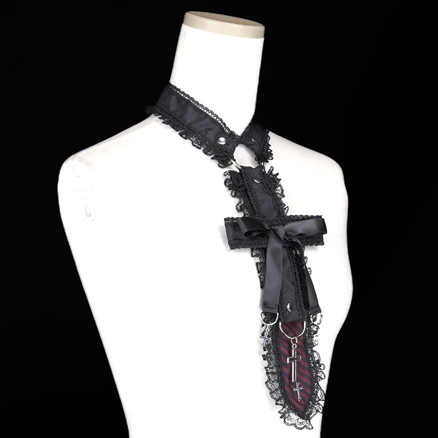 CROSS RIBBON CHOKER NECK-TIE (CROSS) BLACK x RED