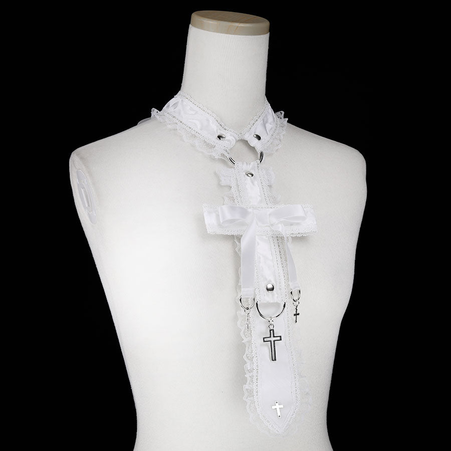 CROSS RIBBON CHOKER NECK-TIE (CROSS) WHITE x WHITE