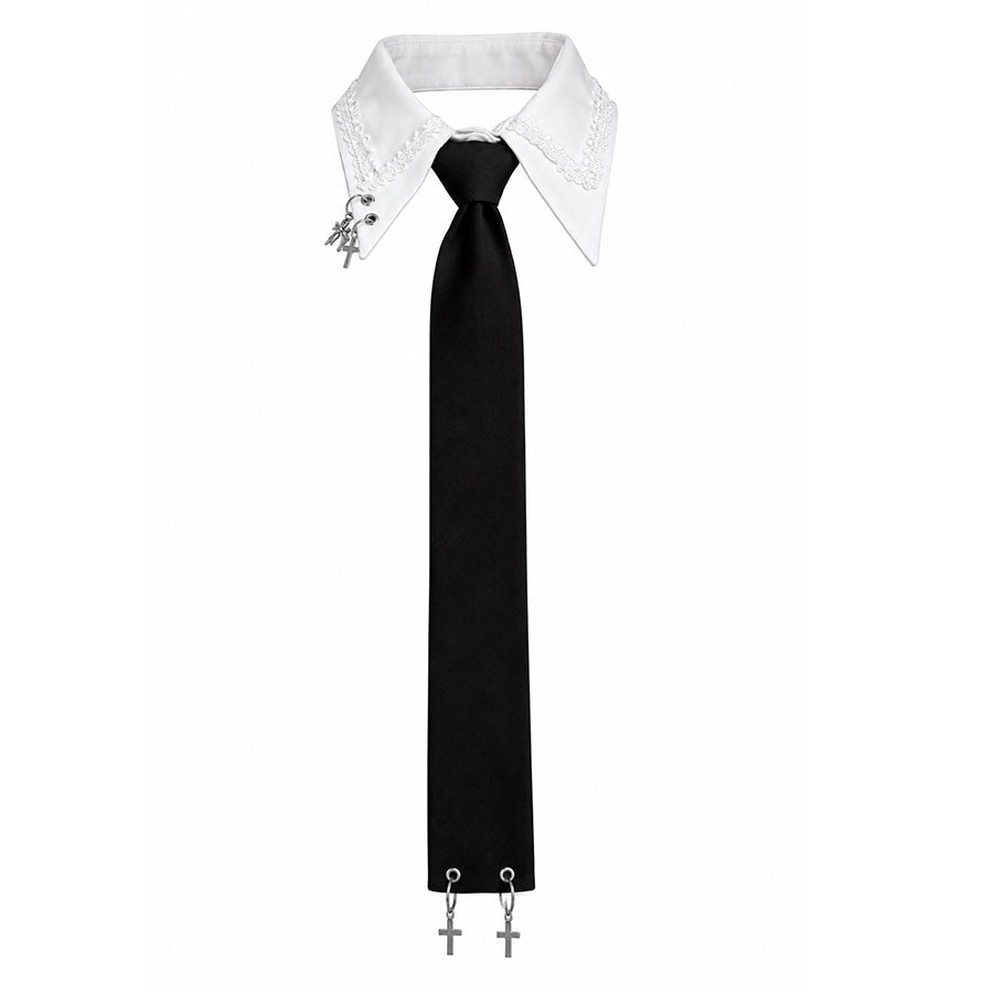 DOUBLE COLLAR CROSS CHARM NECKTIE CHOKER (WHITE x BLACK) [Limited-time Pre-order - Ships in 1 Month]
