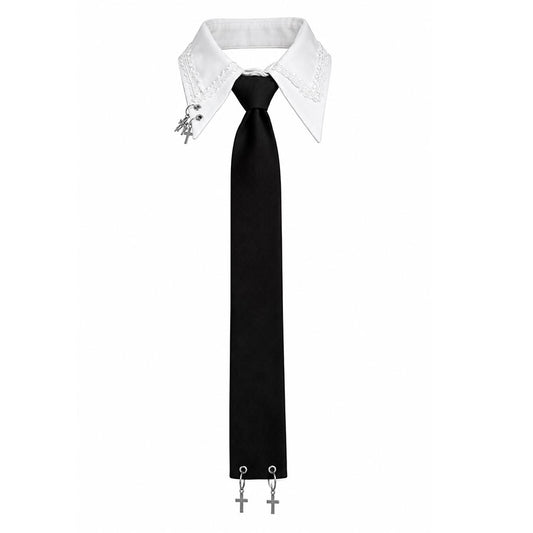 DOUBLE COLLAR CROSS CHARM NECKTIE CHOKER (WHITE x BLACK) [Limited-time Pre-order - Ships in 1 Month]