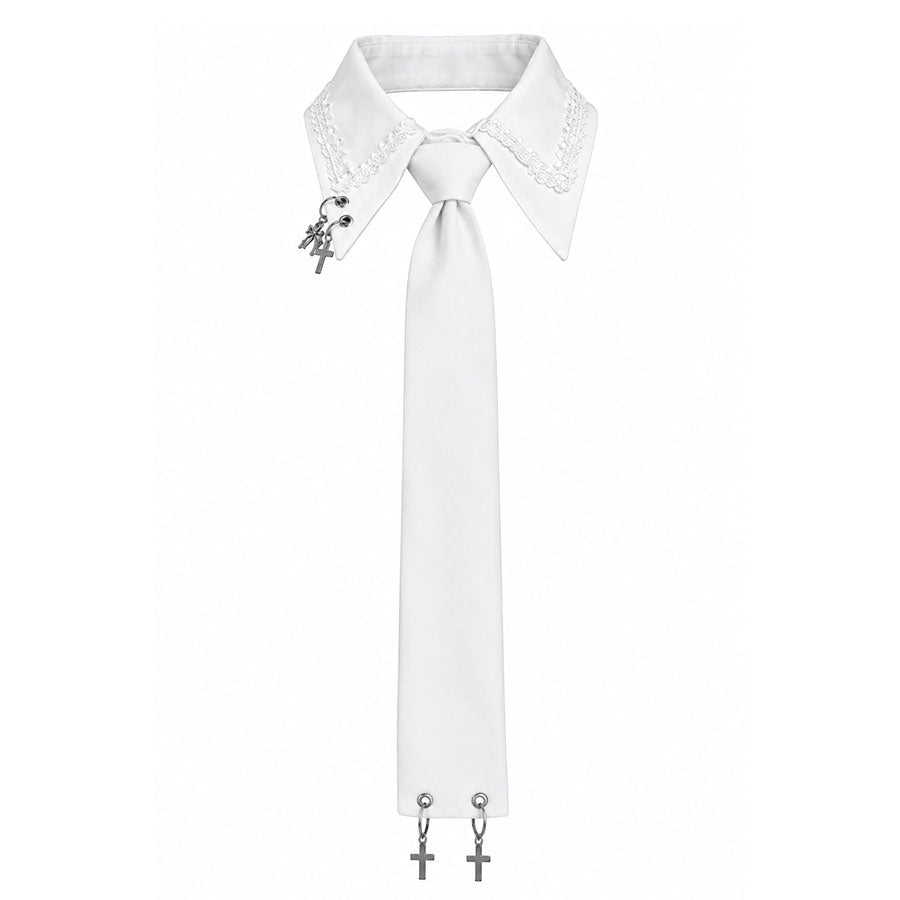 [Limited-Time Pre-Order - 1-Month Reservation] DOUBLE COLLAR CROSS CHARM NECKTIE CHOKER (WHITE x WHITE)
