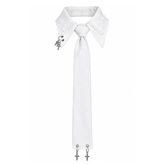 [Limited-Time Pre-Order - 1-Month Reservation] DOUBLE COLLAR CROSS CHARM NECKTIE CHOKER (WHITE x WHITE)