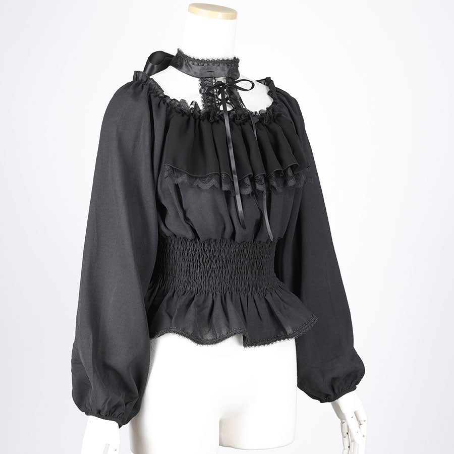 LACE UP FRILL BLOUSE (BLACK)