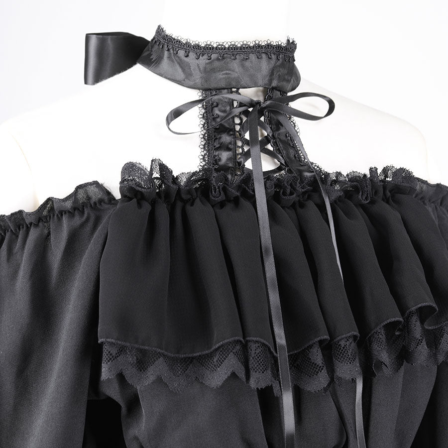 LACE UP FRILL BLOUSE (BLACK)