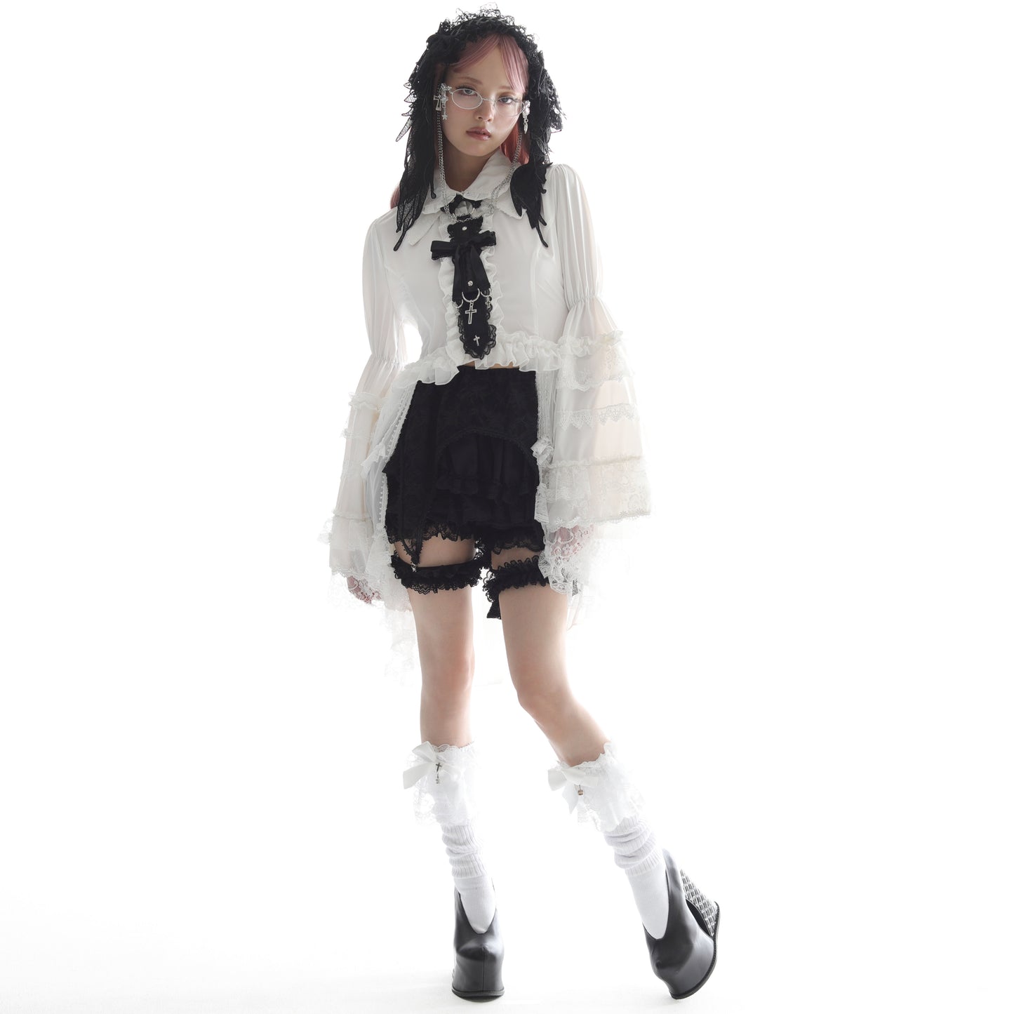 DOUBLE COLLAR FISHTAIL BLOUSE (BLACK)