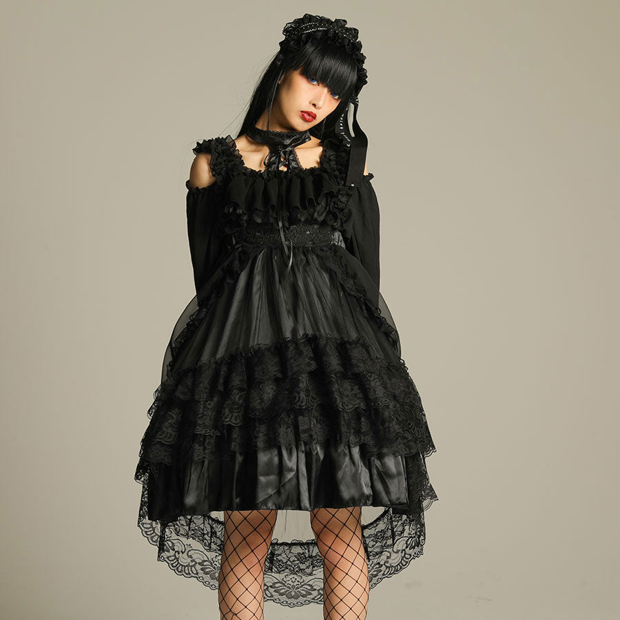 GOTHIC TULLE FISHTAIL DRESS (BLACK x BLACK)