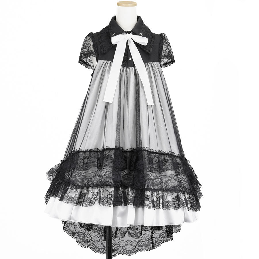 DOUBLE COLLAR CROSS JEWEL ANGEL WING DRESS (BLACK x WHITE)