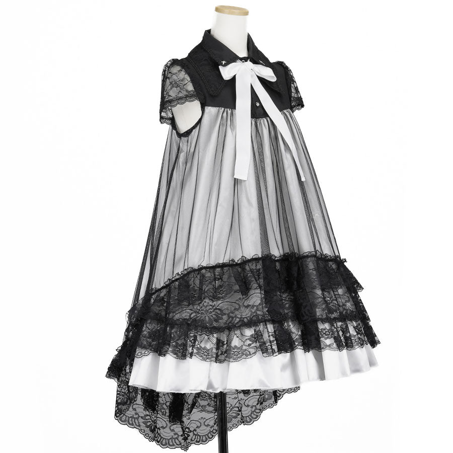 DOUBLE COLLAR CROSS JEWEL ANGEL WING DRESS (BLACK x WHITE)