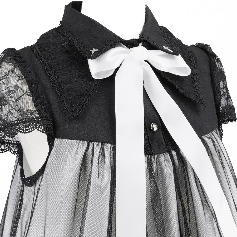 DOUBLE COLLAR CROSS JEWEL ANGEL WING DRESS (BLACK x WHITE)