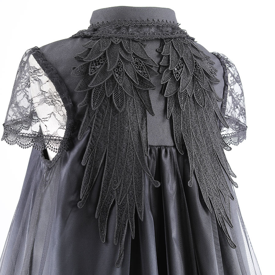 DOUBLE COLLAR CROSS JEWEL ANGEL WING DRESS (BLACK)