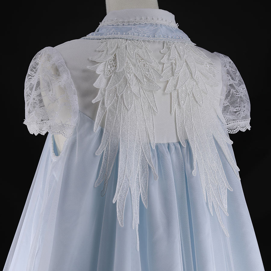 DOUBLE COLLAR CROSS JEWEL ANGEL WING DRESS (WHITE x BLUE)