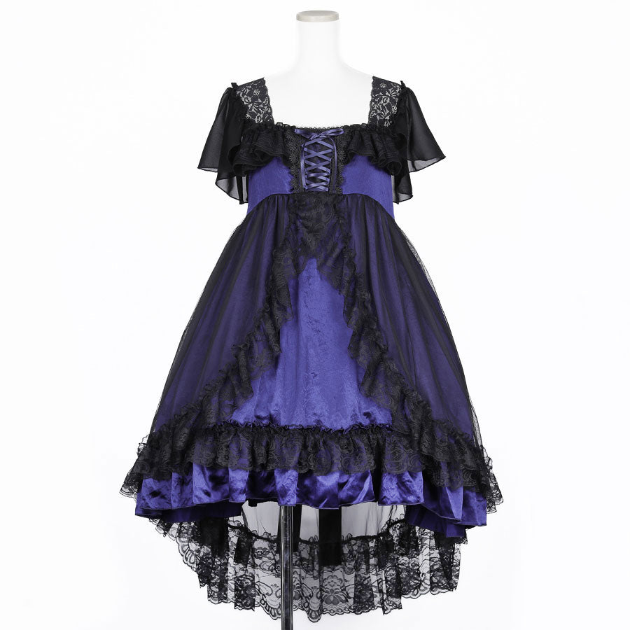 SHELL FRILL LACE UP DRESS (BLACK x BLUE)