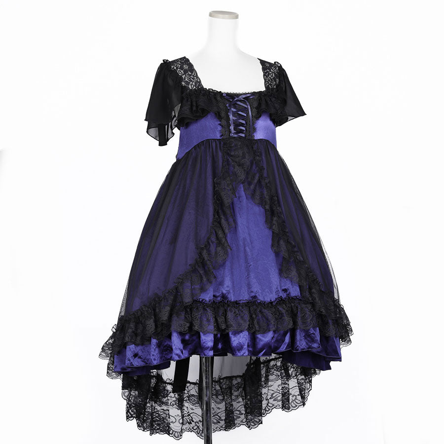 SHELL FRILL LACE UP DRESS (BLACK x BLUE)