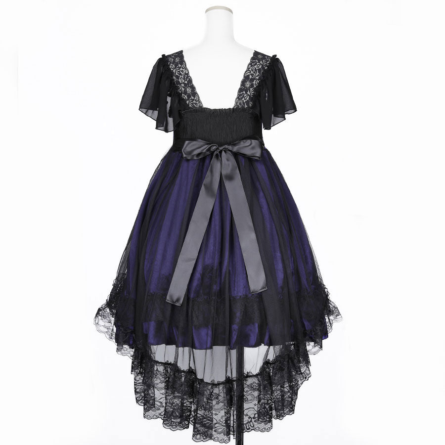 SHELL FRILL LACE UP DRESS (BLACK x BLUE)