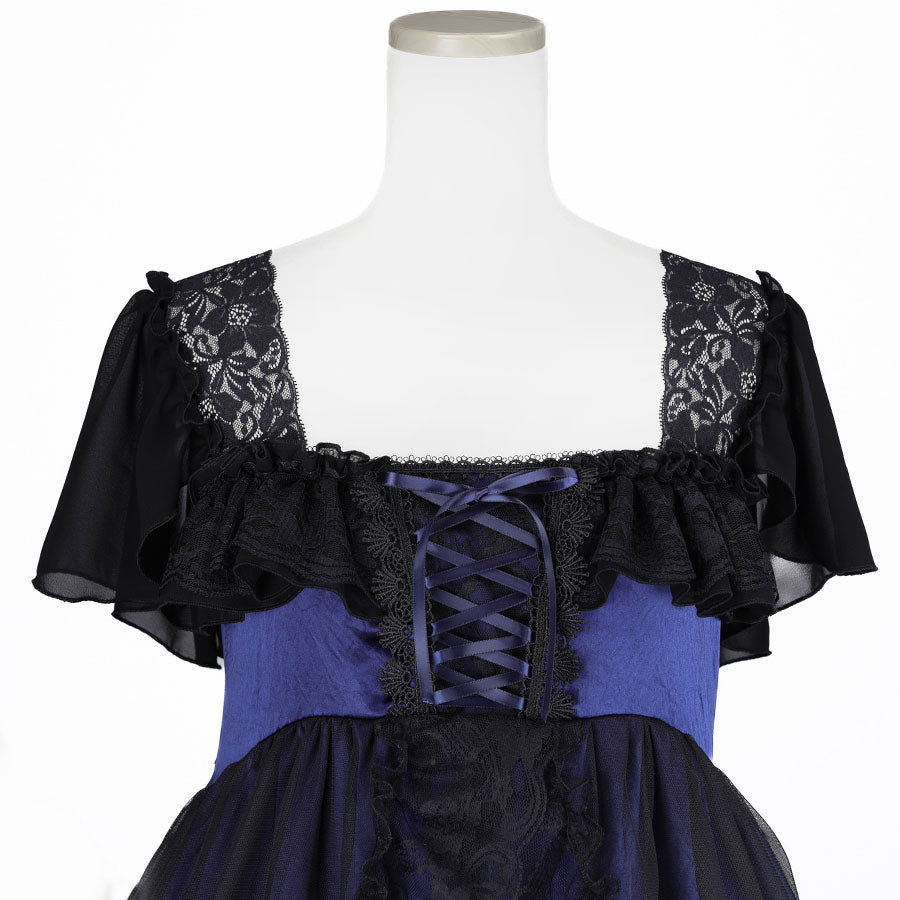 SHELL FRILL LACE UP DRESS (BLACK x BLUE)