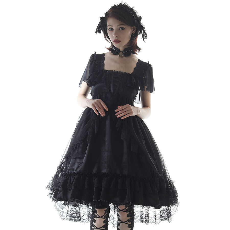 SHELL FRILL LACE UP DRESS (BLACK x BLUE)