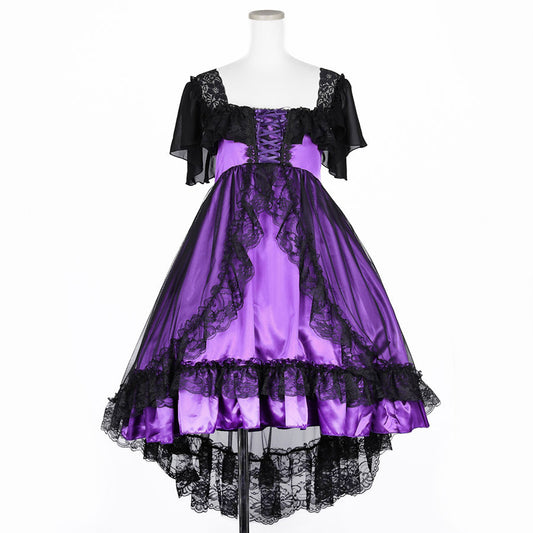 SHELL FRILL LACE UP DRESS (BLACK x PURPLE)