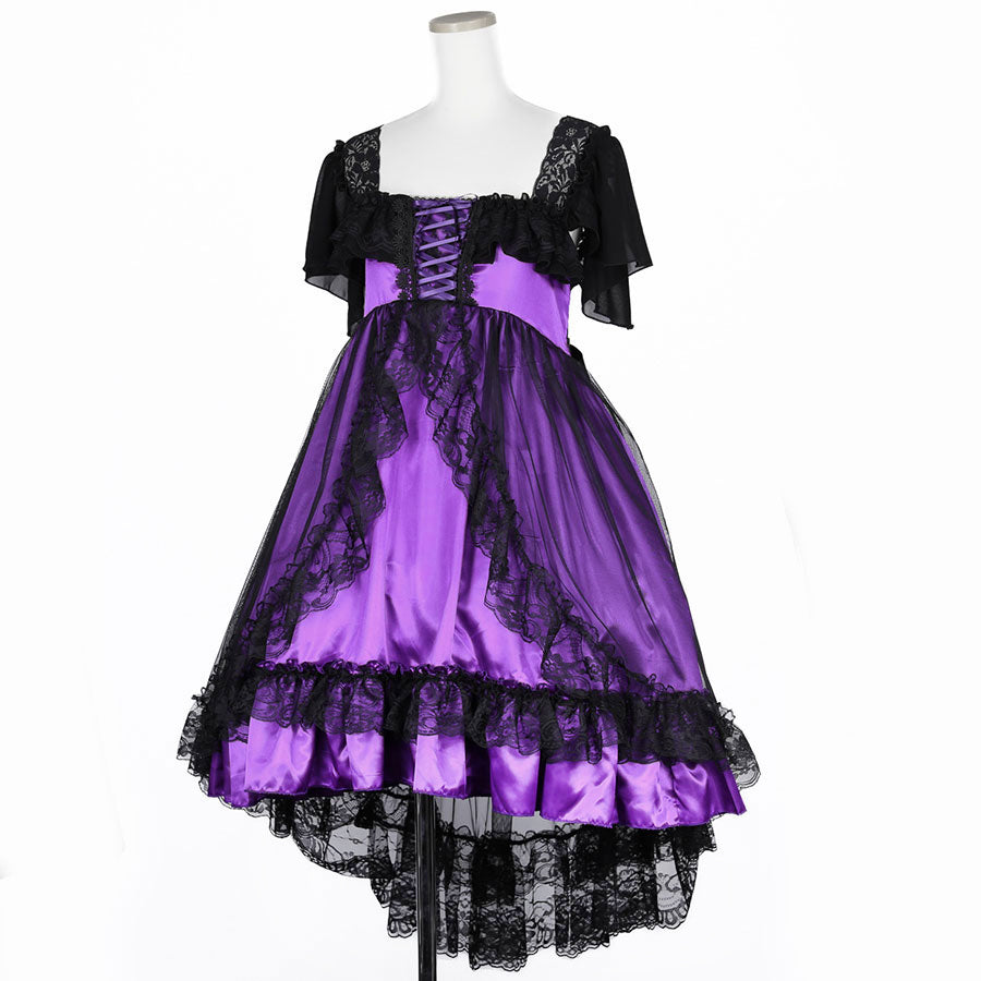 SHELL FRILL LACE UP DRESS (BLACK x PURPLE)