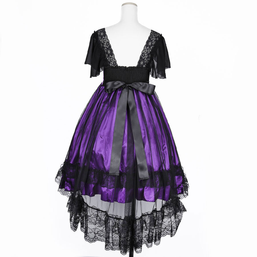 SHELL FRILL LACE UP DRESS (BLACK x PURPLE)