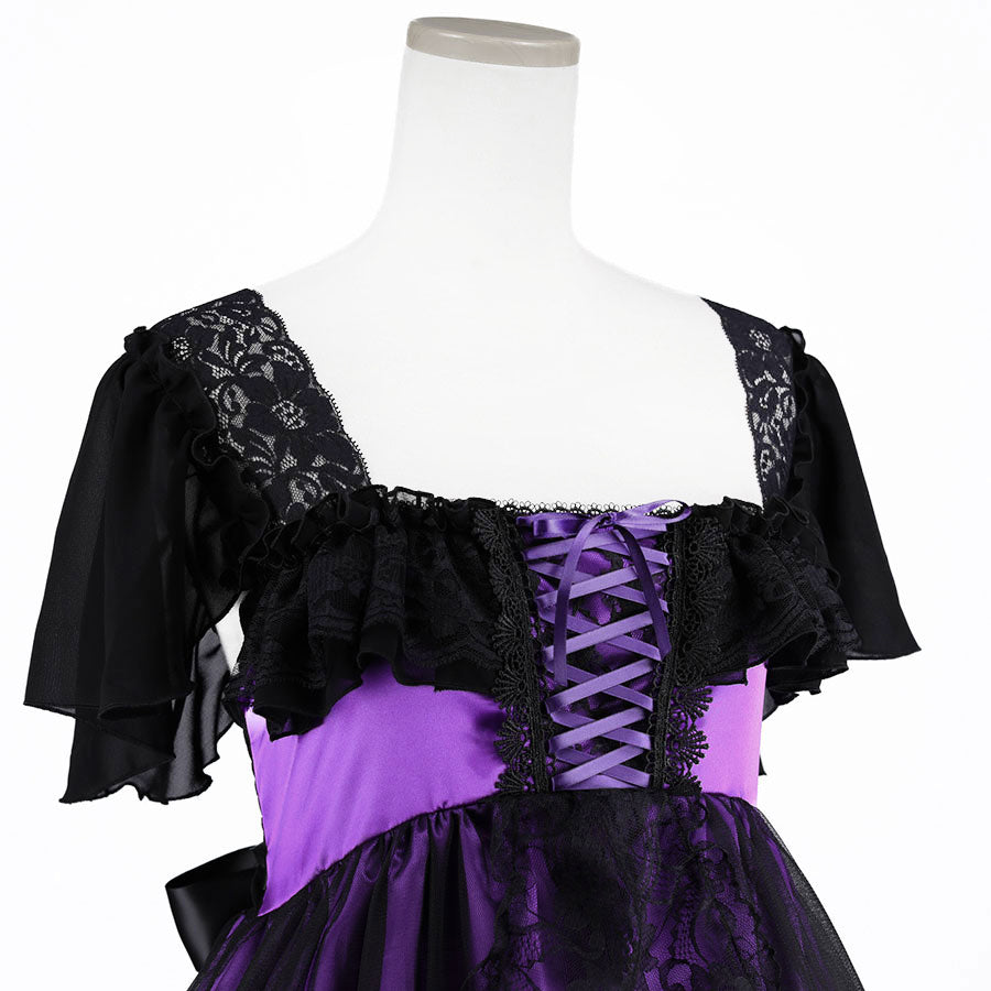 SHELL FRILL LACE UP DRESS (BLACK x PURPLE)