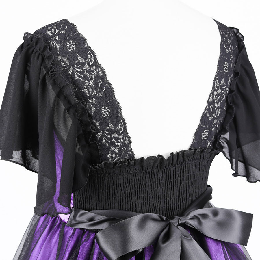 SHELL FRILL LACE UP DRESS (BLACK x PURPLE)