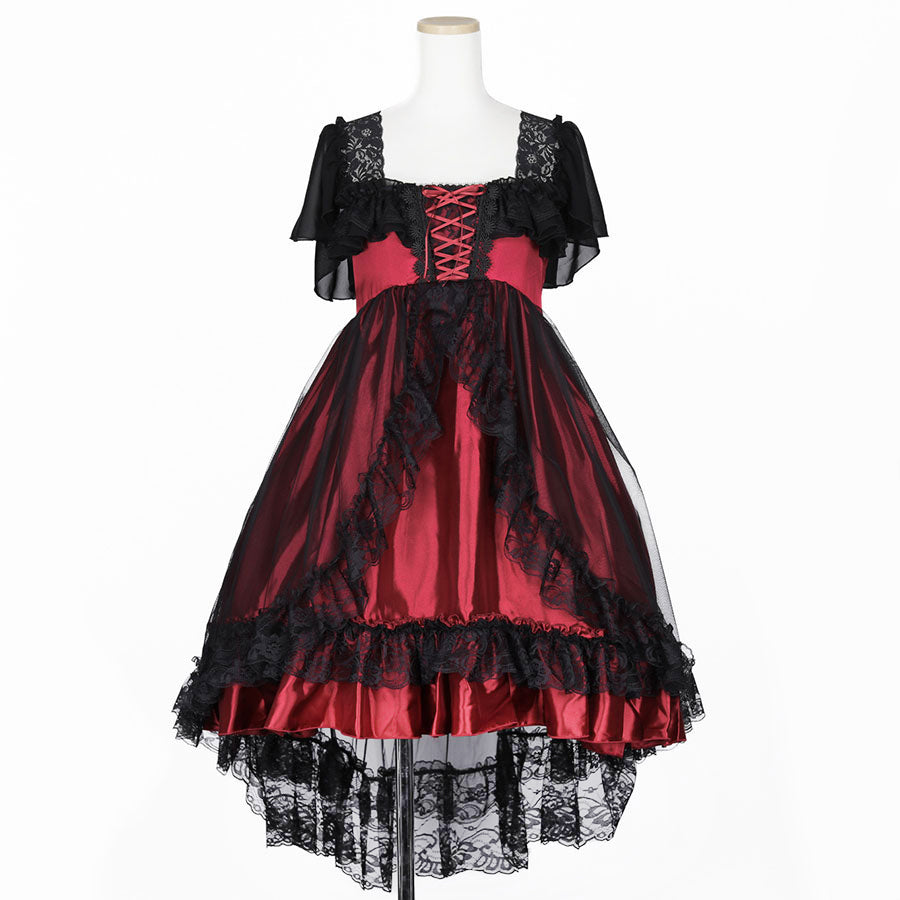 SHELL FRILL LACE UP DRESS (BLACK x RED)