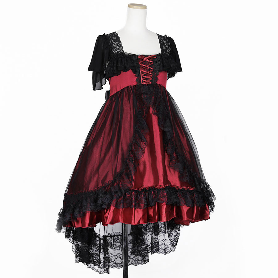 SHELL FRILL LACE UP DRESS (BLACK x RED)