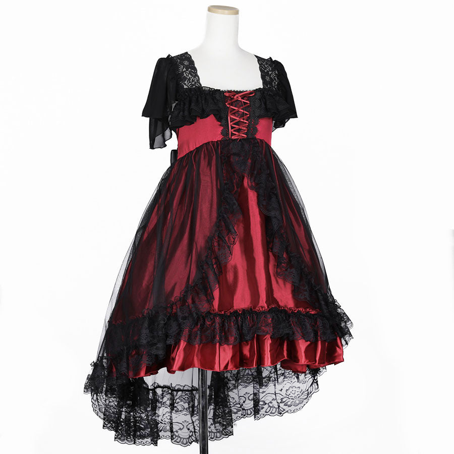 SHELL FRILL LACE UP DRESS (BLACK x RED)