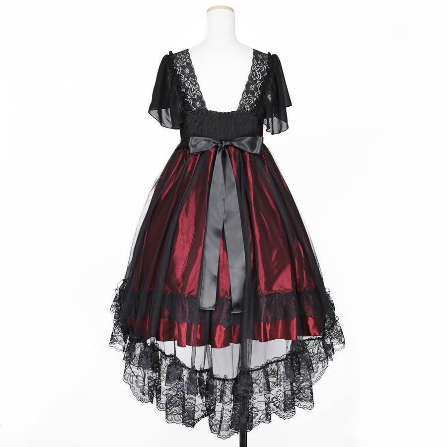 SHELL FRILL LACE UP DRESS (BLACK x RED)