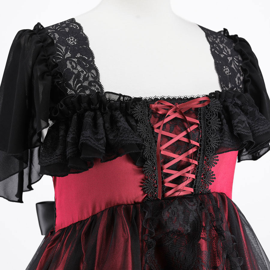 SHELL FRILL LACE UP DRESS (BLACK x RED)