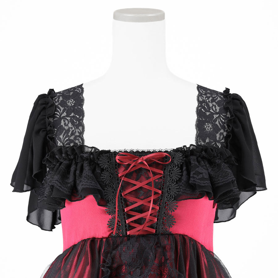 SHELL FRILL LACE UP DRESS (BLACK x RED)