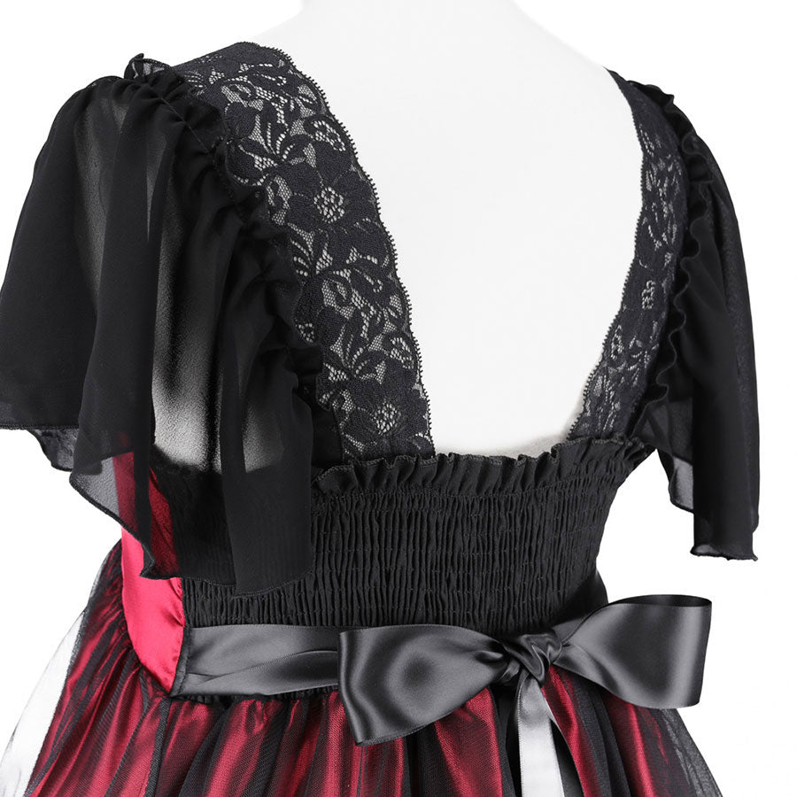 SHELL FRILL LACE UP DRESS (BLACK x RED)