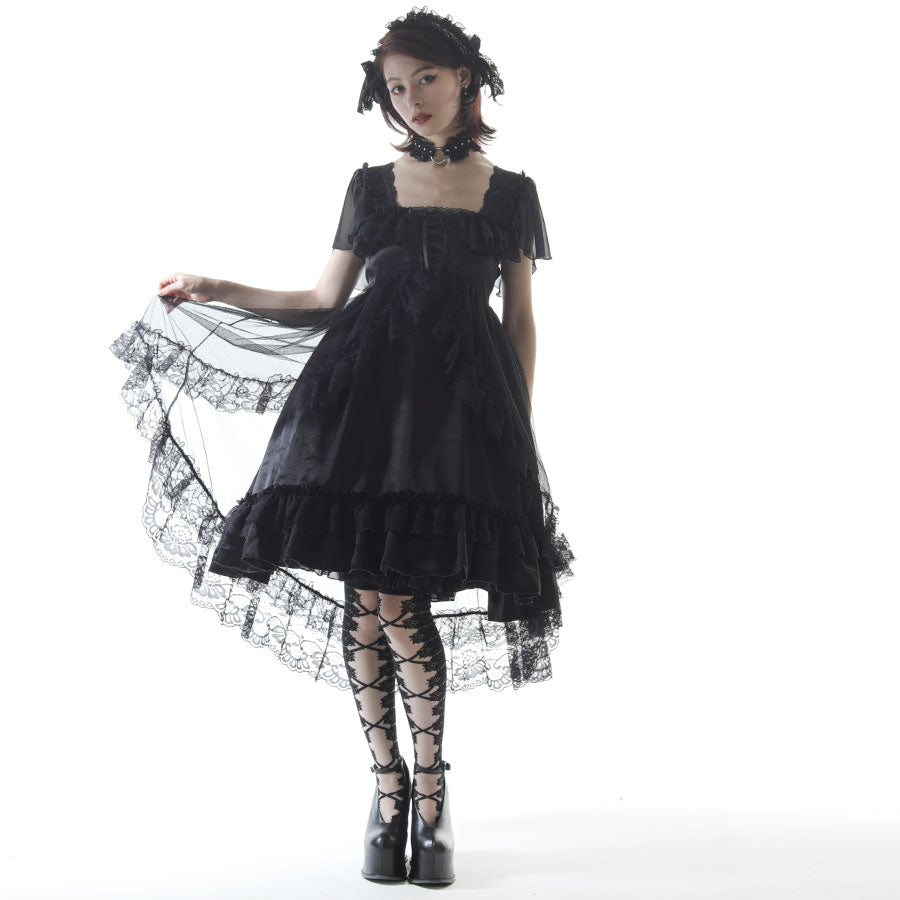 SHELL FRILL LACE UP DRESS (BLACK x RED)