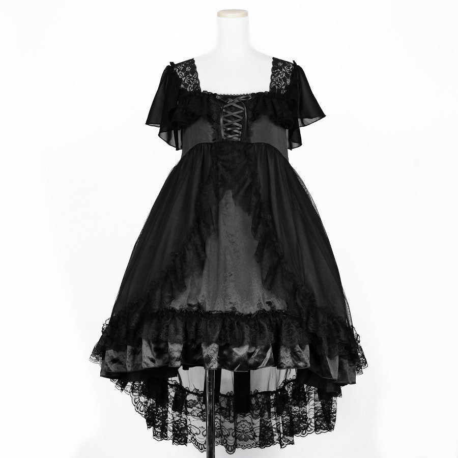 SHELL FRILL LACE UP DRESS (BLACK)