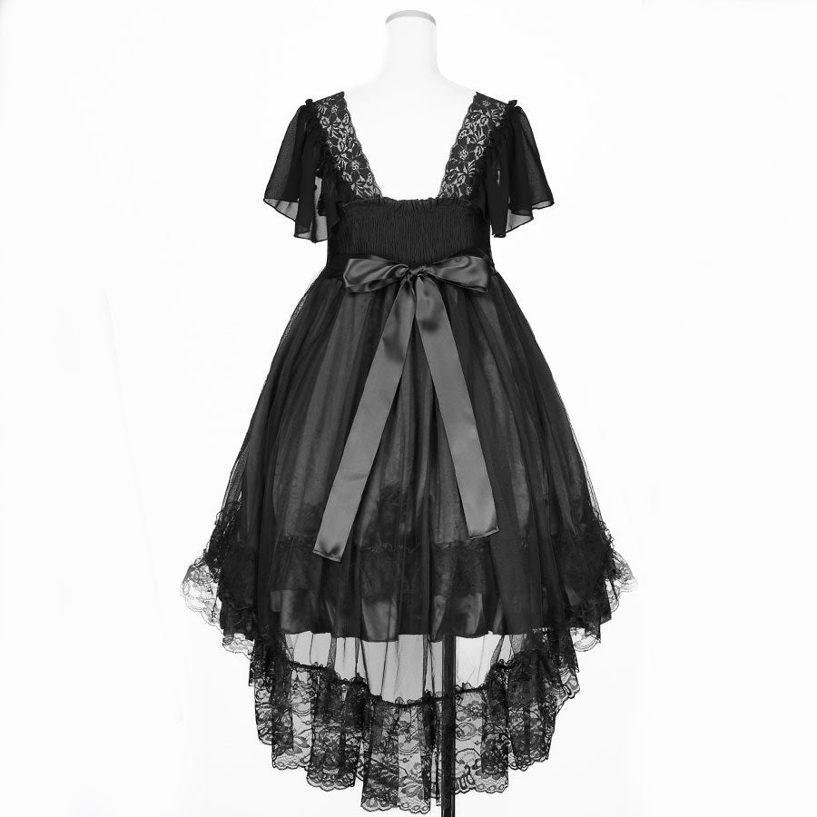 SHELL FRILL LACE UP DRESS (BLACK)