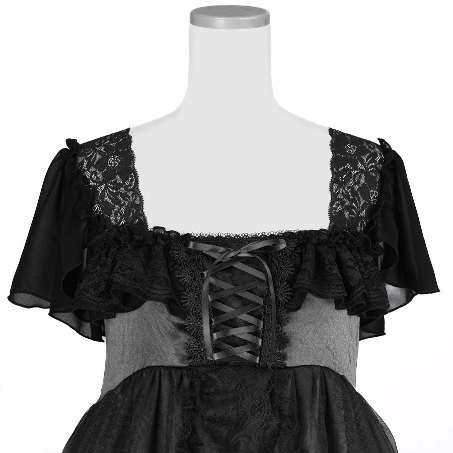 SHELL FRILL LACE UP DRESS (BLACK)