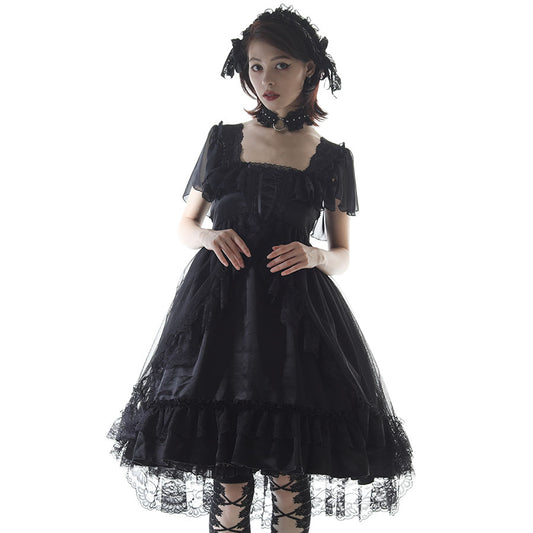 SHELL FRILL LACE UP DRESS (BLACK)